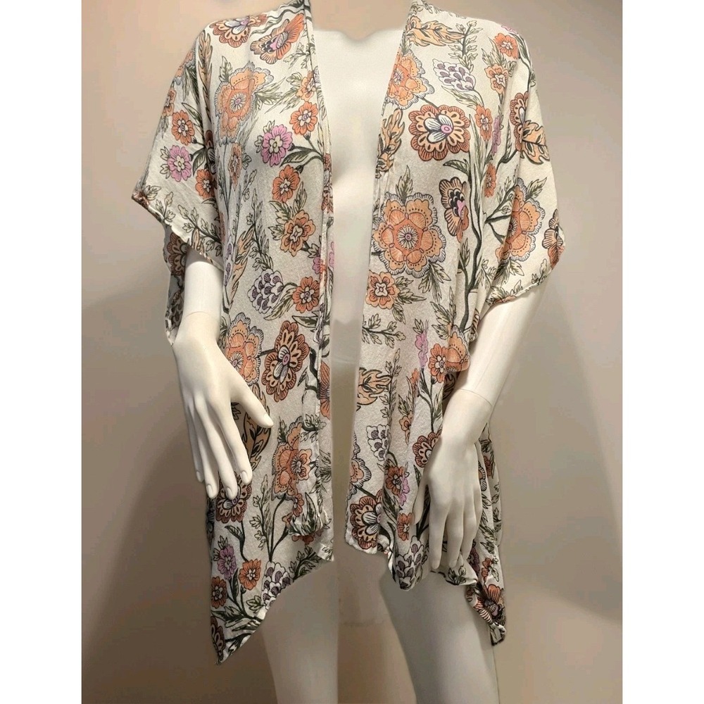 Womens Floral Kimono Wrap Open Front Short Sleeve Cream Peach Boho Cardigan